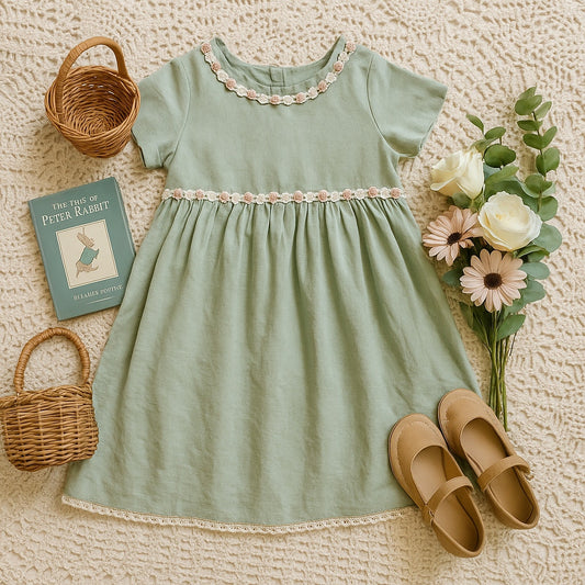 Good Lad of Philadelphia | Vintage 1990s Sage Green Girls Dress 4T | Linen Blend w/ Pink Rosettes & Crochet Lace | Cottagecore Classic