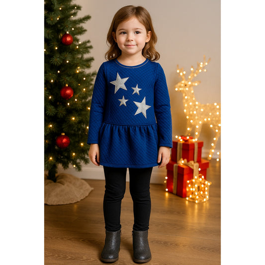 ✨ Nannette Kids Blue Quilted Dress Sparkly Silver Stars Drop Waist | Girls Size 6