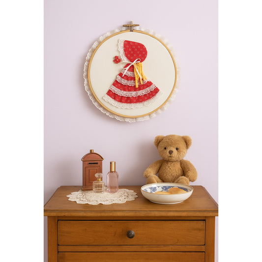 Vintage Folk Hoop Art Girl in Red Dress with Blonde Ringlets & Lace Bouquet – 14.5” Cottagecore Wall Home Decor