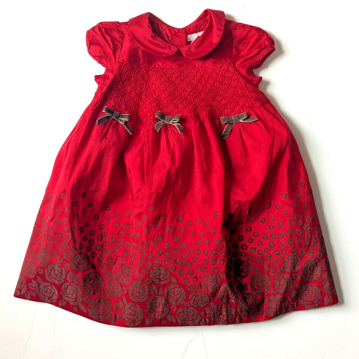 🎀 Janie and Jack Baby Girl Red Silk Flocked Dress | Size 12-18 Months | Holiday Outfit