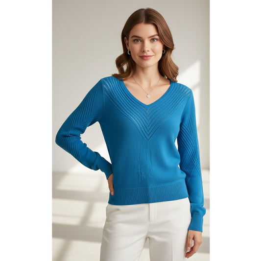 1980s Oscar de la Renta Bright Blue Knit Sweater | Chevron Detail V-Neck | Women's S