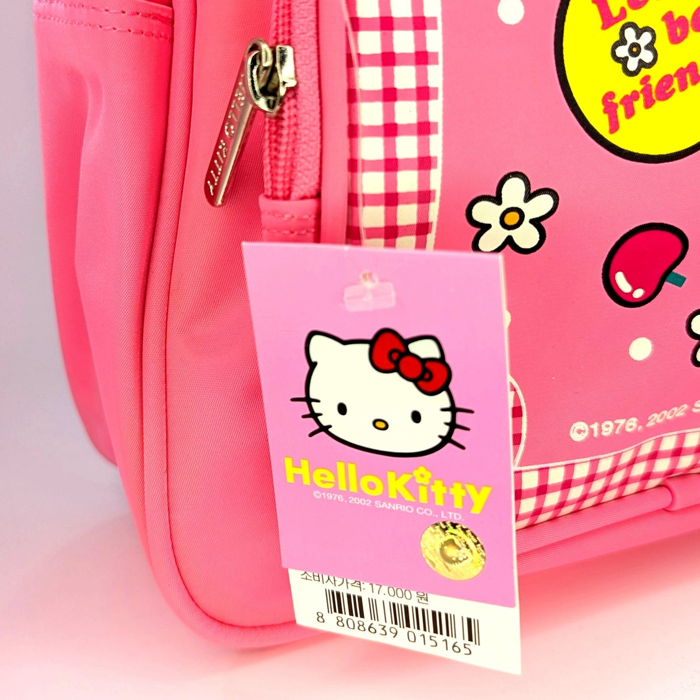Vintage 2002 Kids Sanrio Hello Kitty Pink Bag – Cherries Daisies Gingham Print – "Let’s Be Friends" – Kawaii Collectible Tote – NWT