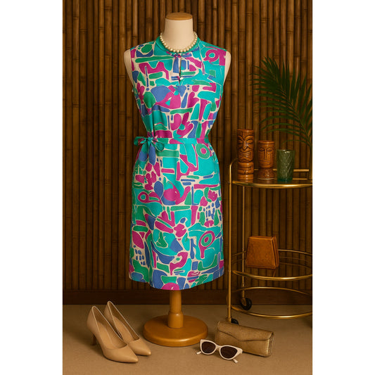 Vintage 1960s Andrade Waikiki Resort Dress | Mid-Century Modern Sleeveless Silky Dress | Turquoise Purple Green Abstract Print | Women's Size S 2-4