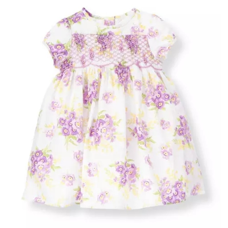 Janie and Jack Layette Hand-Smocked Stripe Dobby Floral Dress Purple Pansy Size 3-6 Months