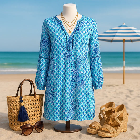 Lilly Pulitzer Aleece Joy Dress Oyster Bay Navy Ruffle Your Feathers Blue Pineapple Print Women's Size Large Long Sleeve Tunic