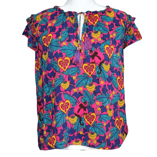 Rose + Olive Tropical Monkey Print Boho Tassel Flutter Sleeve Blouse Size L