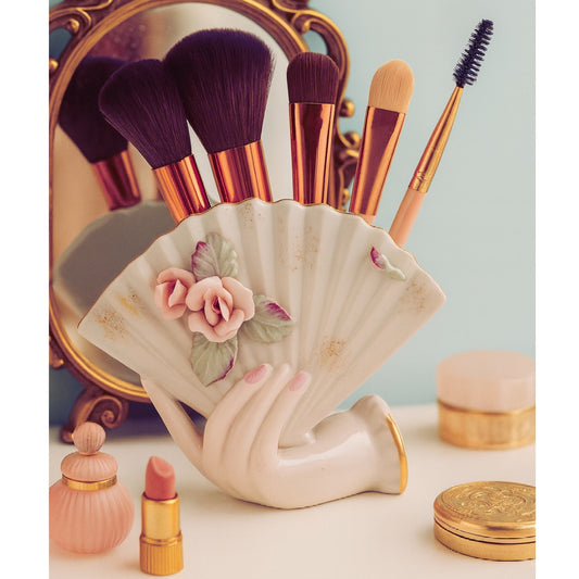 Lefton China Vintage 50s Ceramic Vase Planter Hand Holding Fan with Pink Roses | Home