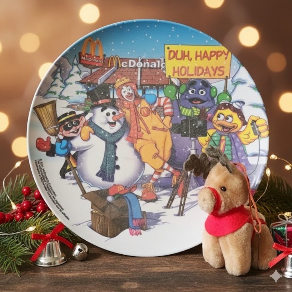 Vintage McDonald’s Holiday Gift Bundle | 2001 “Duh, Happy Holidays” Plate & 1985 Plush Reindeer Ornament