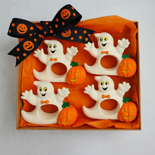 Vintage 90s Tobin Home Fashions Halloween Napkin Rings – Set of 11 Friendly Ghost & Jack-o’-Lantern Stoneware Holders – Spooky Table Home Decor