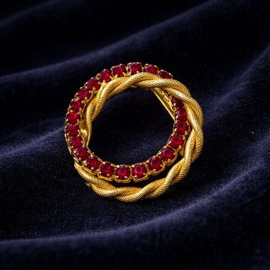 Vintage Red Rhinestone and Gold Tone Wreath Brooch |  Mid Century Circle Pin