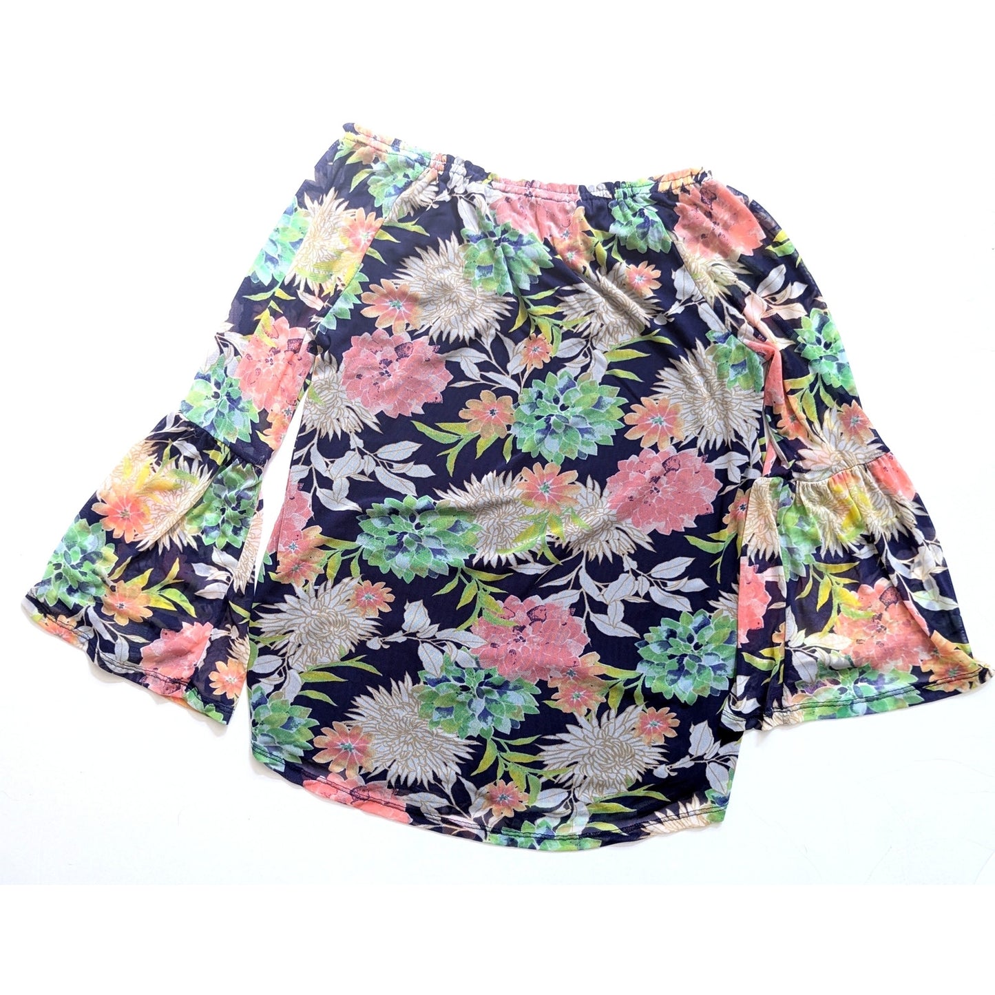 🌸 Cable & Gauge Off-Shoulder Mesh Floral Blue Blouse – Women's Size Medium