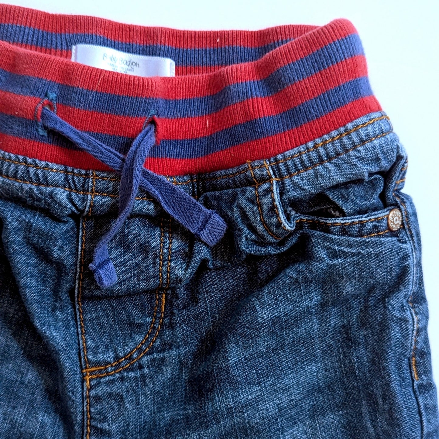 Vintage Y2K Baby Boden Denim Jeans | Toddler Pants | Red & Blue Striped Waistband | Jersey Lined Cozy Cotton | 18-24 Months