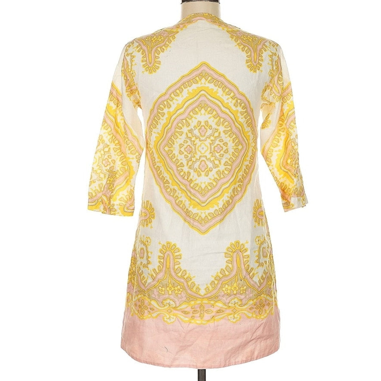 J.Crew Linen Boho Tunic Dress Women’s Size 2 Pink Yellow Ivory 3/4 Sleeve Lined