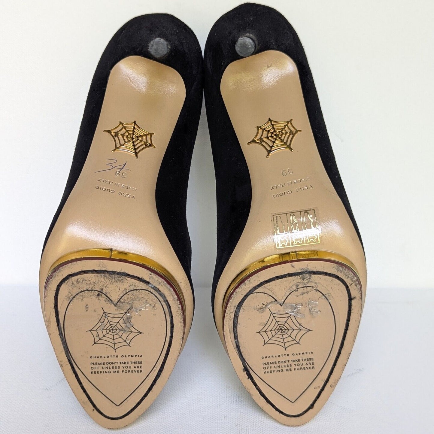 Charlotte Olympia Black Suede & Gold Debbie Pumps Size 39 | 8.5 Made in Italy