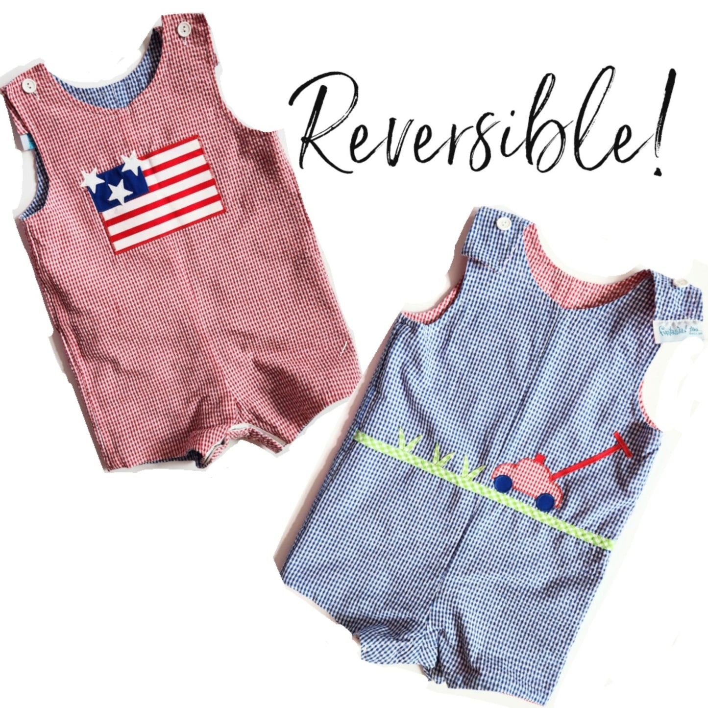 Funtasia! Too Dallas Vintage 90s Lawn Mower & American Flag Reversible Shortalls