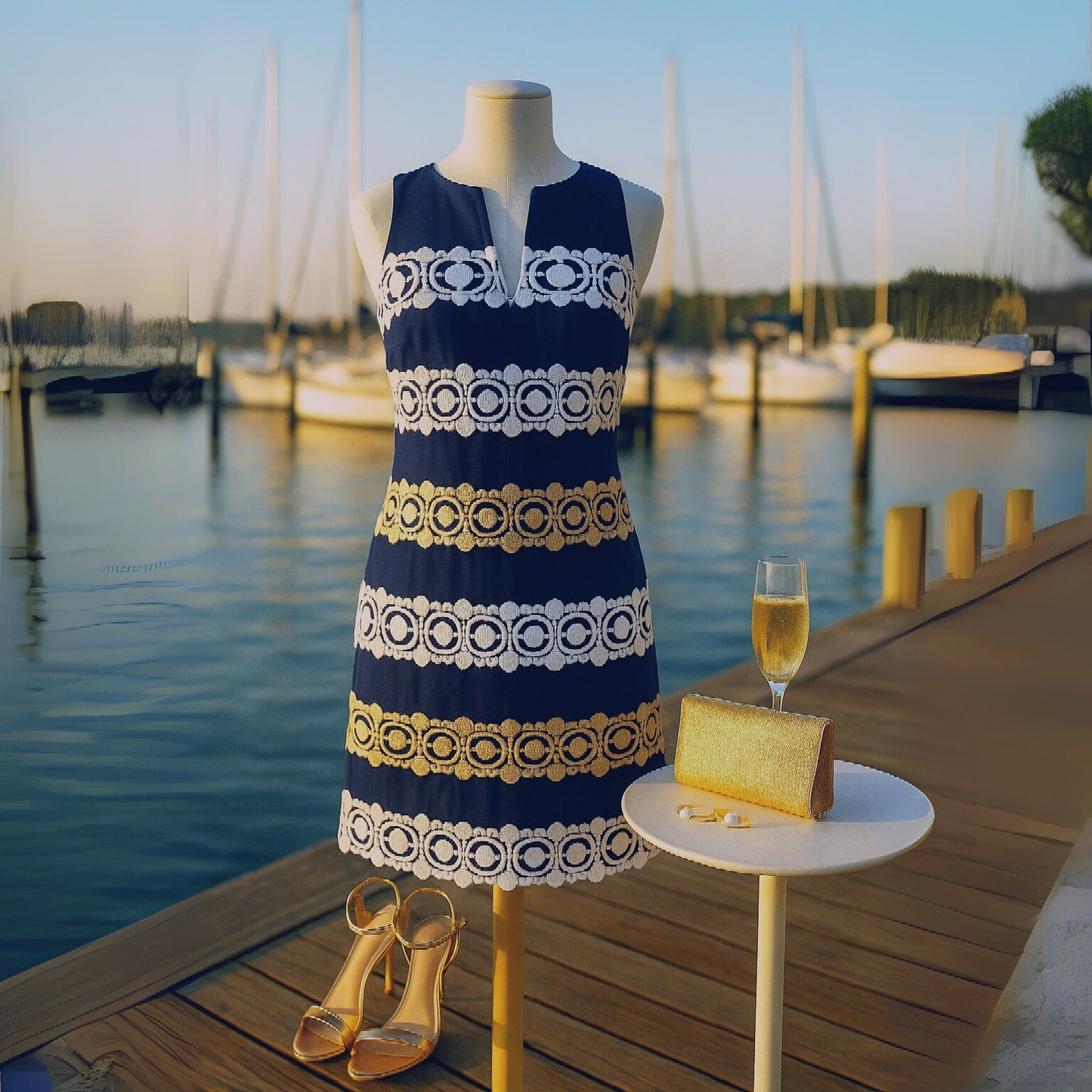 🌸 Lilly Pulitzer Augusta Shift Dress Navy Blue White Gold Lace Trim – Size 0 XS