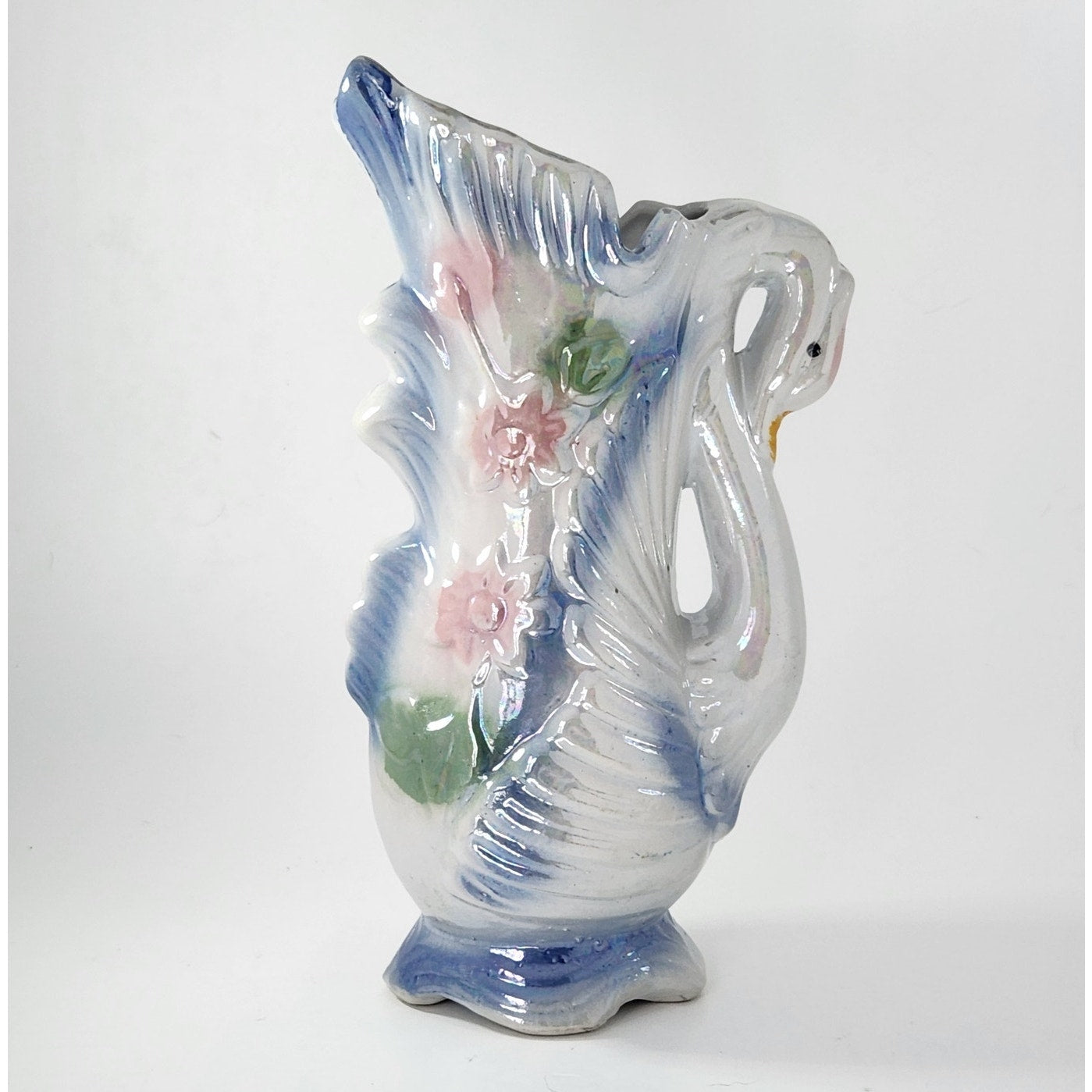 Vintage MCM Swan Vase – Iridescent Ceramic Swan Planter with Pastel Flowers