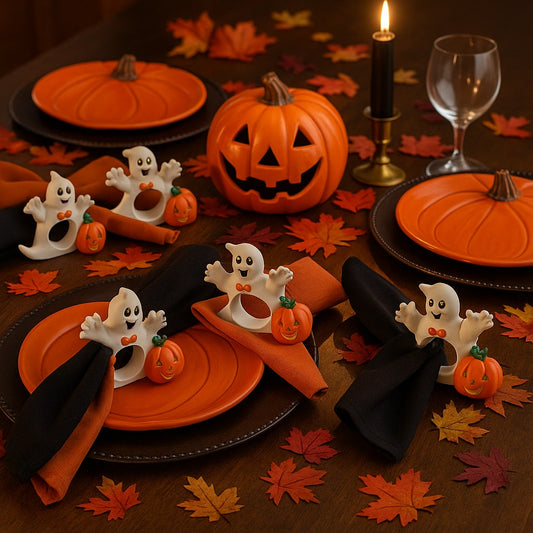 Vintage 90s Tobin Home Fashions Halloween Napkin Rings – Set of 11 Friendly Ghost & Jack-o’-Lantern Stoneware Holders – Spooky Table Home Decor