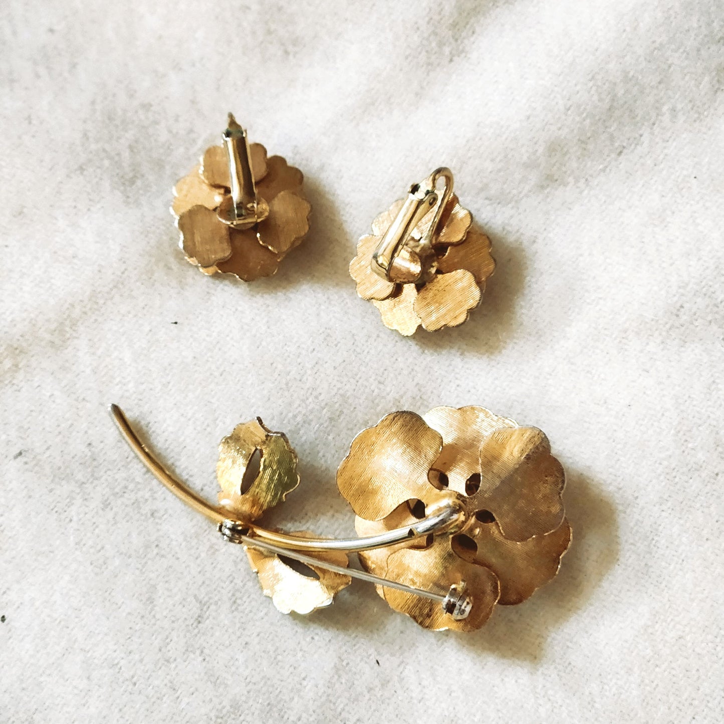 Mid-Century White Enamel Gardenia Flower Brooch & Clip-On Earrings Set