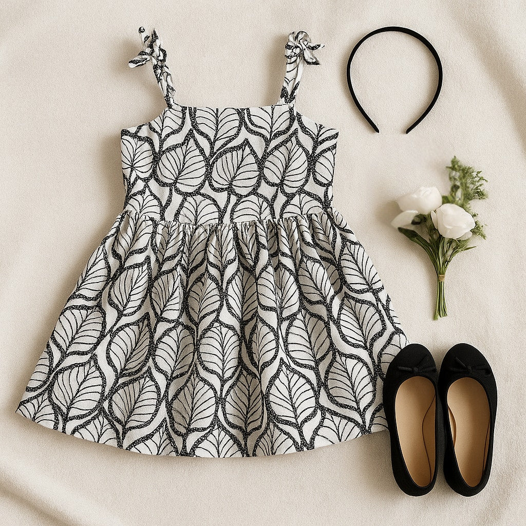 Janie and Jack Palm Leaf Cotton Eyelet Dress in Jet Ivory Black & White Size 2T