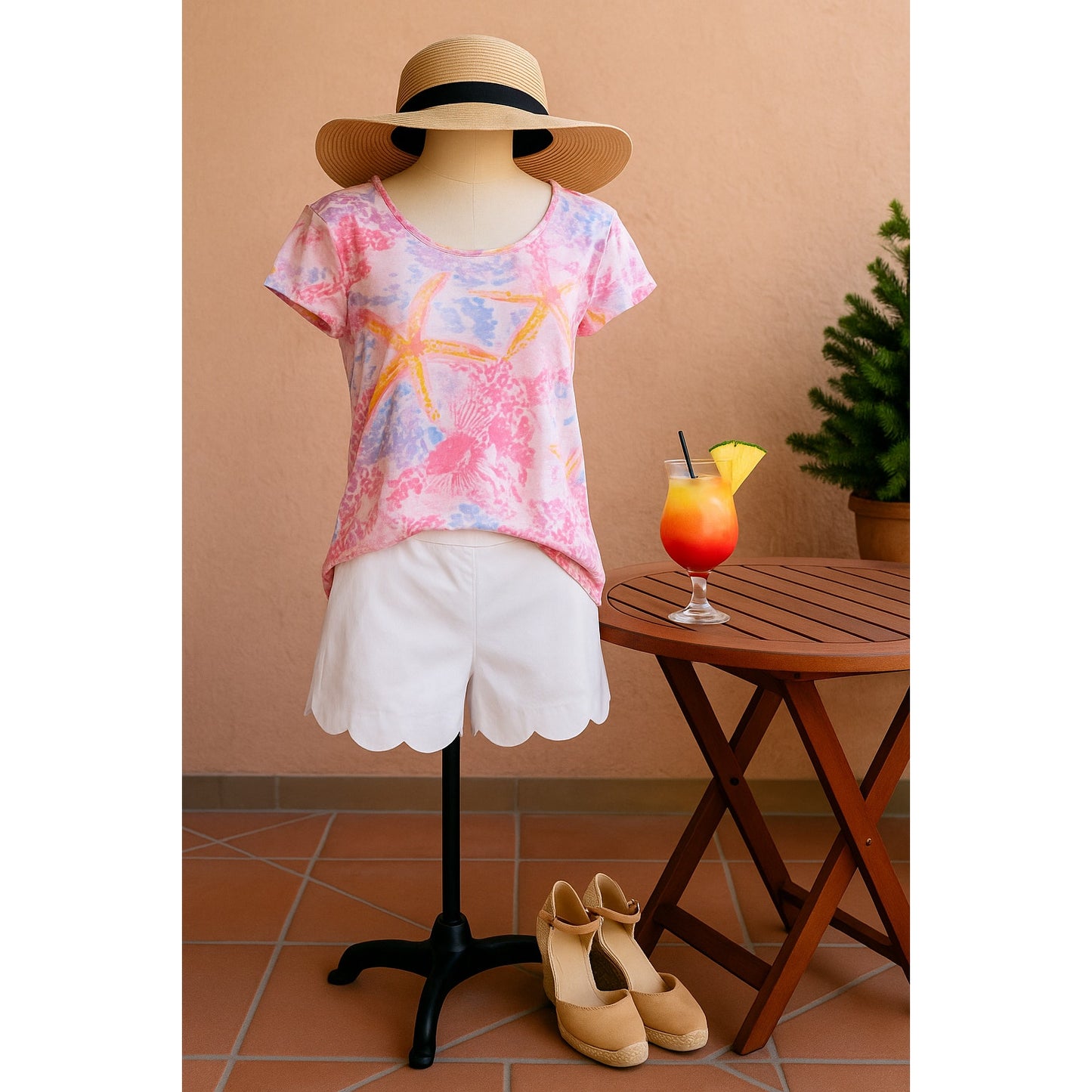 Lilly Pulitzer Inara Linen Top | Paradise Pink Bohemian Beach Starfish | Women's Size M