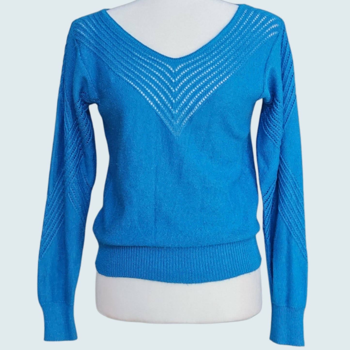 1980s Oscar de la Renta Bright Blue Knit Sweater | Chevron Detail V-Neck | Women's S