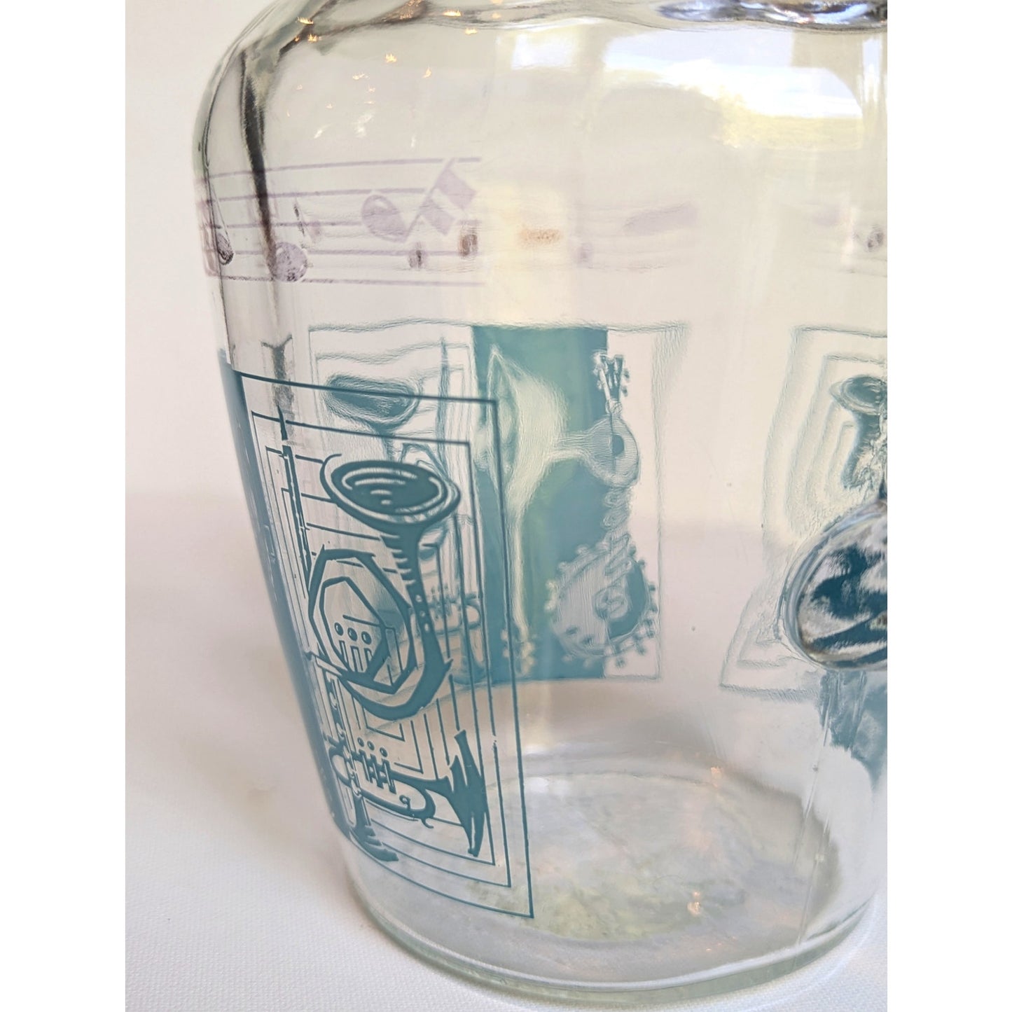 Vintage 1950s Glass Pitcher with Aqua Musical Instruments & Notes – Tall Ice Lip Pitcher – Mid-Century Barware | Home