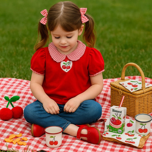 Vintage 1980s Healthtex Girls Red Cherry Gingham Swing Top | Made in USA | Cottagecore Toddler Blouse | Retro Puff Sleeve Shirt | Size 5