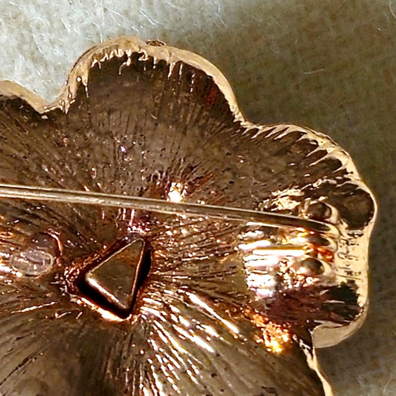 Vintage Rose Gold Tone Rose Brooch | 1990s Black Enamel & Rhinestone Flower Pin