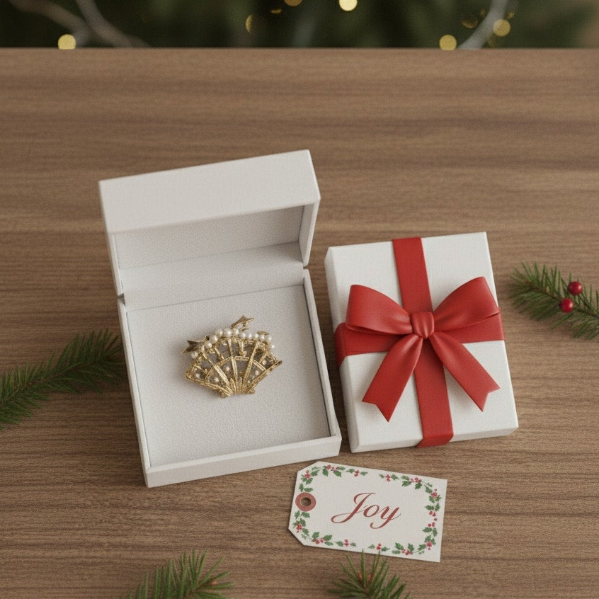 Mid-Century Gold Tone Fan Brooch with Faux Pearls – Ornate Filigree Design