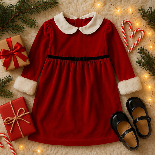 Y2K Red Velvet Christmas Holiday Dress | Faux Fur Cuffs | Baby Girls Size 24M