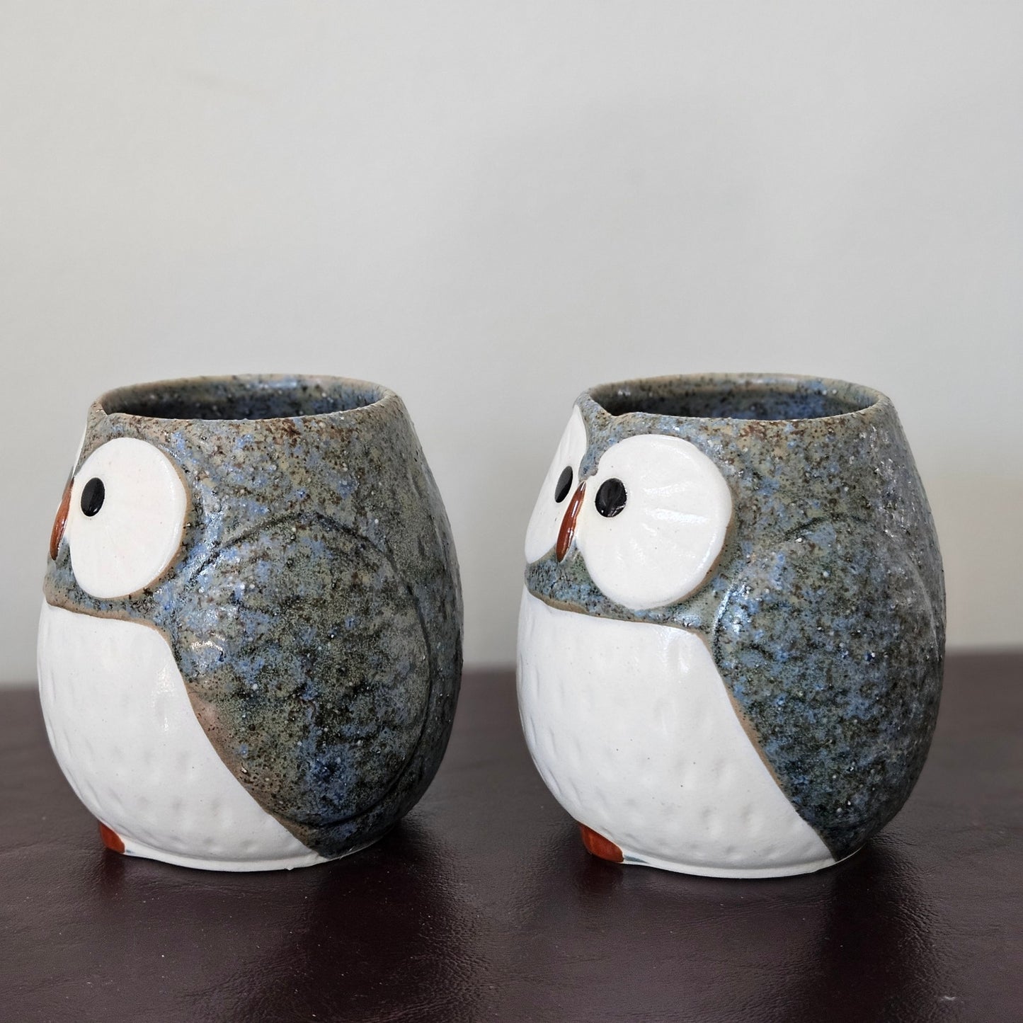 Vintage Owl Teapot Set with 2 Cups – 1970s Japanese Stoneware – Speckled Blue – Otagiri Style
