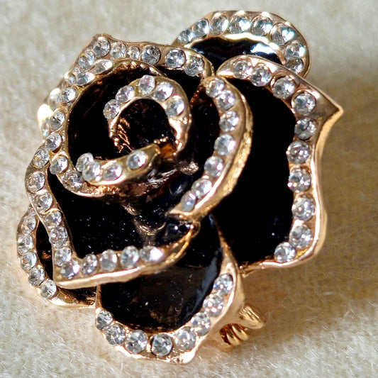 Vintage Rose Gold Tone Rose Brooch | 1990s Black Enamel & Rhinestone Flower Pin