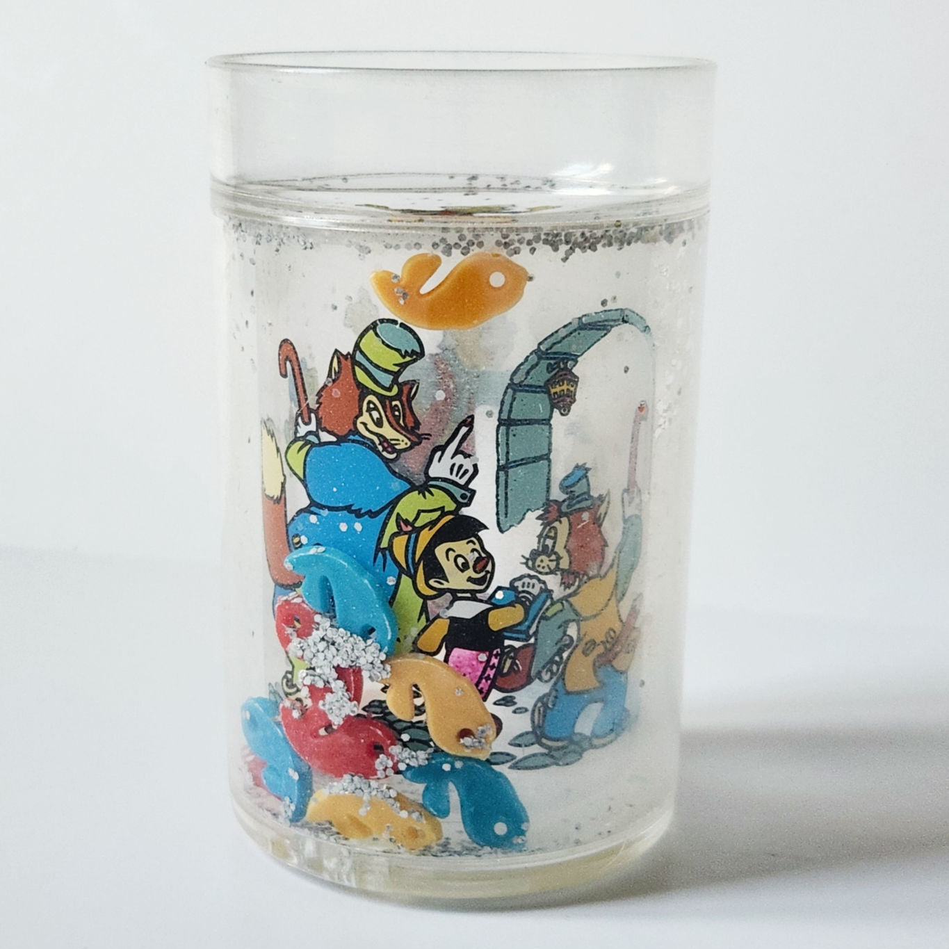 Vintage 90s Kids Pinocchio Geppetto & Figaro Disney Glitter Snow Globe Cup / Tumbler
