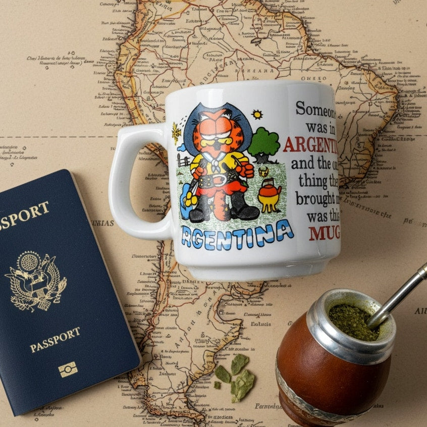Vintage 80s Garfield Argentina Mug - 'Someone was in Argentina...' Souvenir Gift
