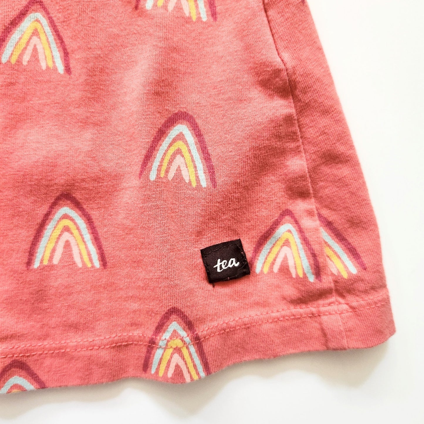 Tea Collection Coral Pink Sleeveless Rainbow Cotton Trapeze Dress Size 5 EUC