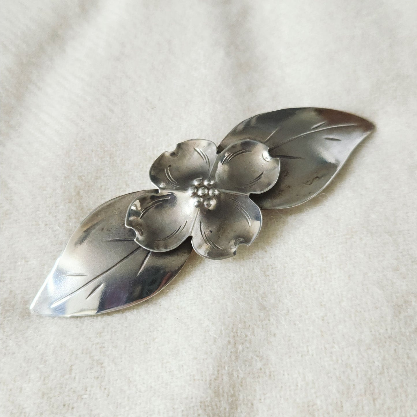 1940s Sterling Silver Dogwood Brooch | Handwrought Signed Silver Floral Pin