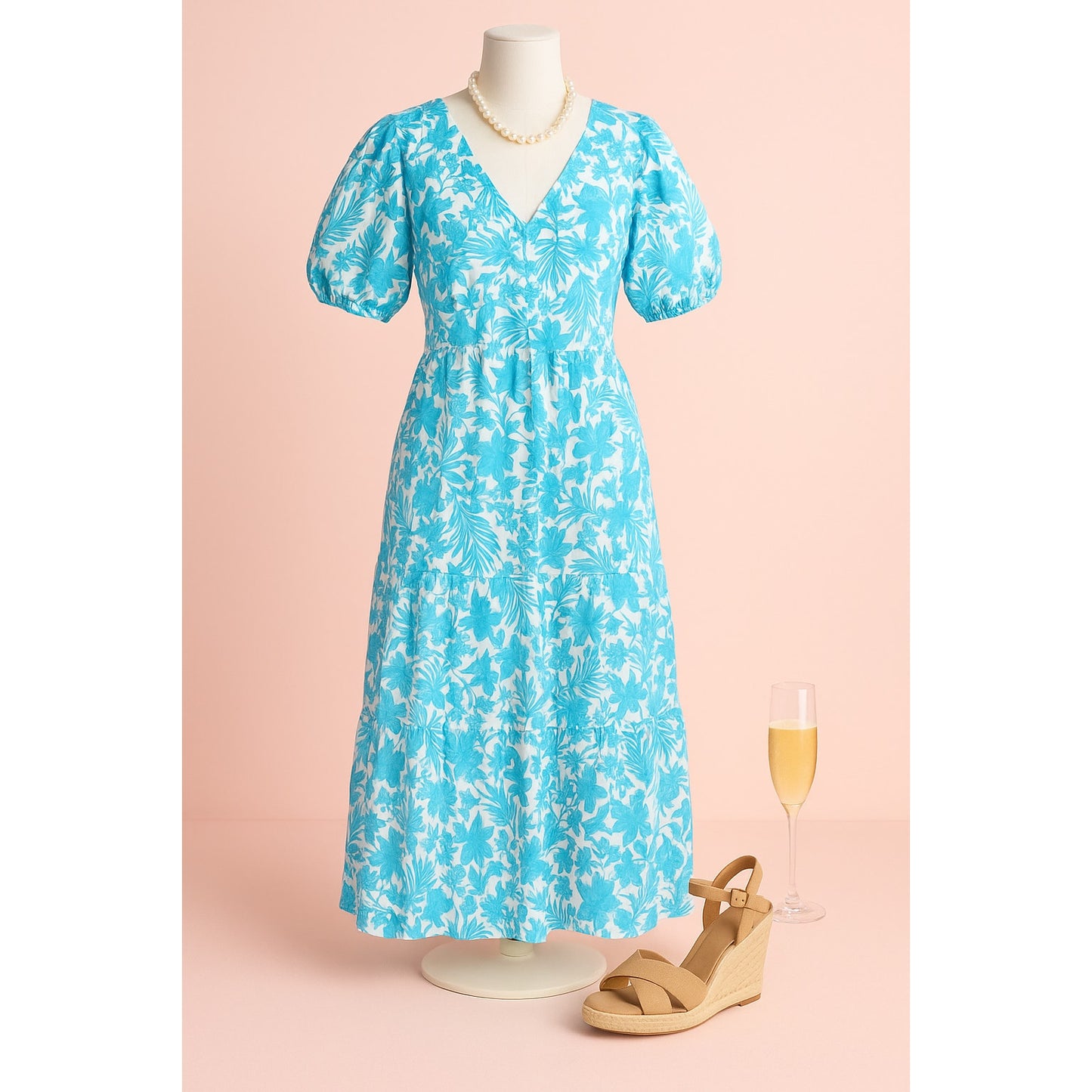 Peyton & Parker Women’s Puff Sleeve Turquoise Floral Maxi Dress XS Cotton Pockets