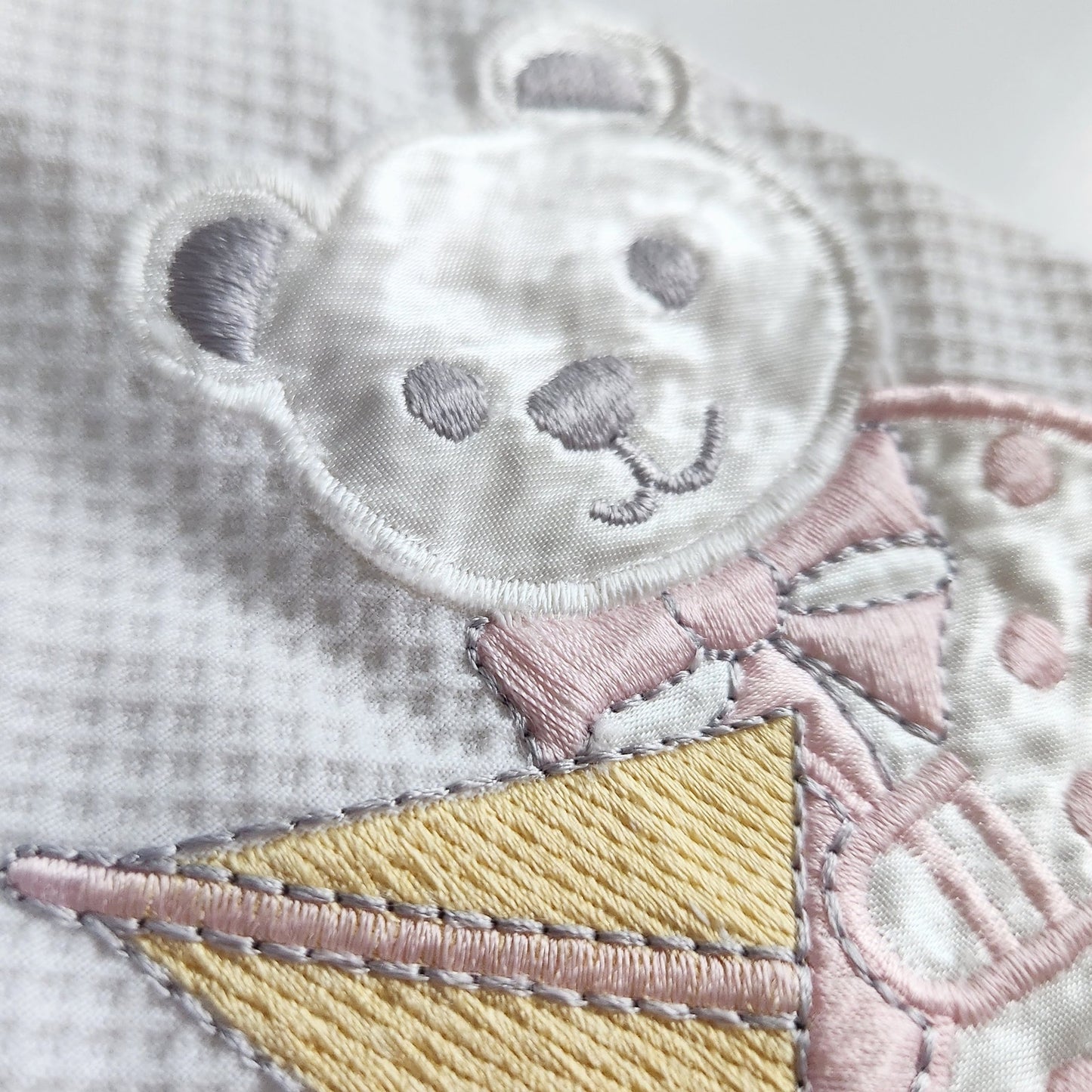 Little Bitty Vintage 1980s Baby Girl Dress 18M – White Waffle Weave with Pink Ribbon, Sailboat & Bear Applique, Eyelet Trim, Made in USA