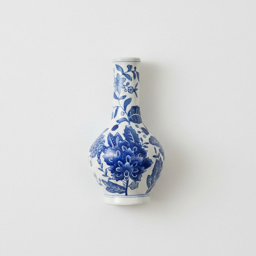 1990s Blue & White Wall Pocket Vase – Baum Bros “Formalities” Chinoiserie Floral