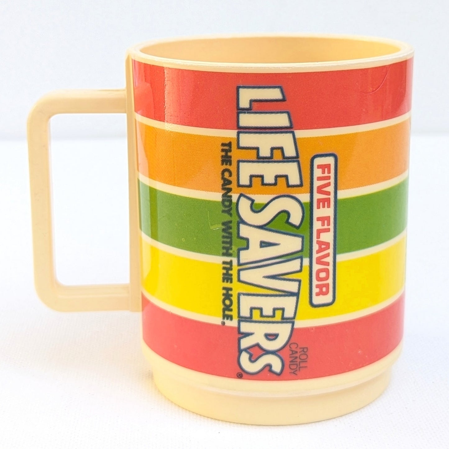 Vintage 1980s Lifesavers Five Flavor Promotional Mug – Retro Plastic Candy Cup – Bright Rainbow Home Kitchenware – Collectible Advertising Mug
