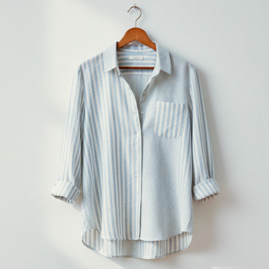 Tomboy Shirt – 100% Organic Cotton, Contrasting Blue Stripes - Women's 6 US | 38 EU