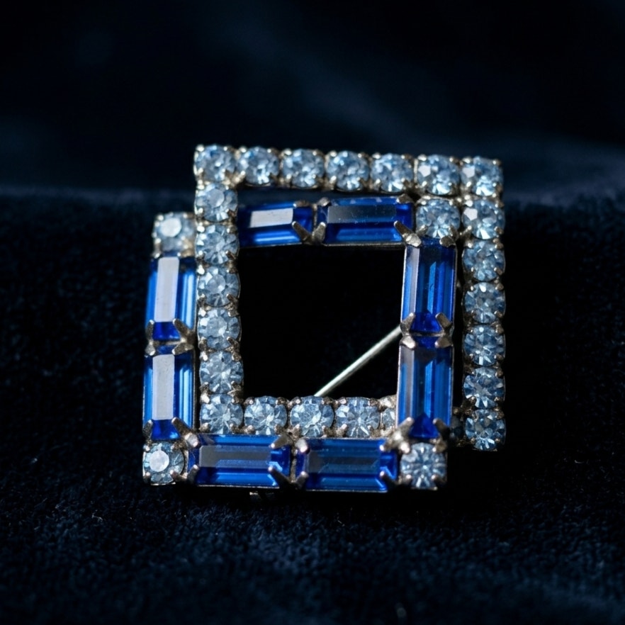 Vintage Art Deco Square Blue Rhinestone Brooch | Mid Century Statement Pin