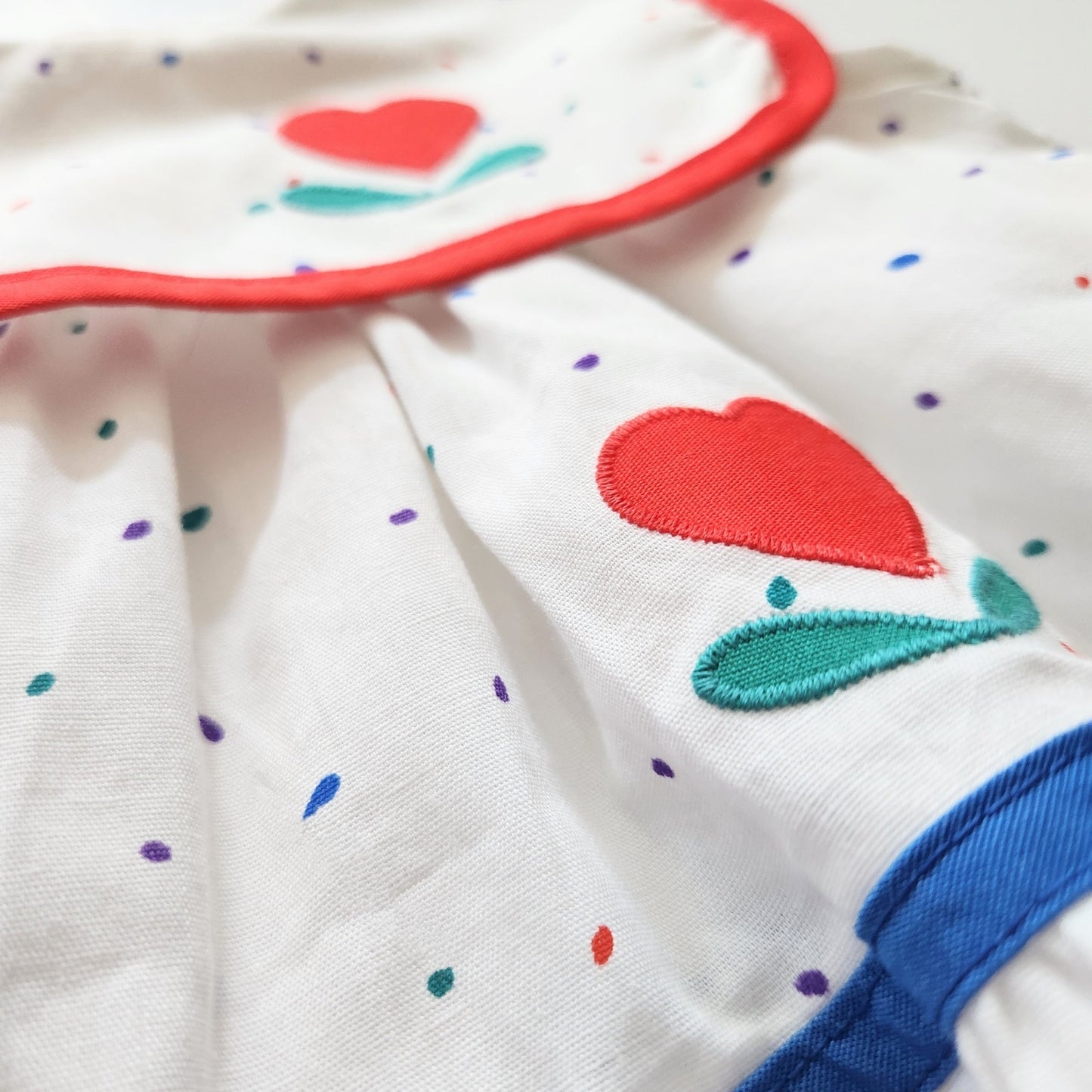 Vintage 1980s Lisa Jackson Baby Girl Dress – Polka Dots & Heart Appliqué, Bib Collar, Tiered Skirt – Size 3-6 Months, Made in USA