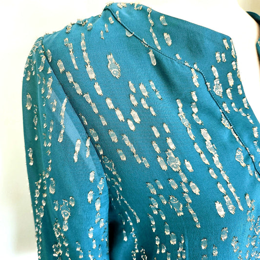 Lilly Pulitzer Elenora Dress | Teal Metallic Gold Silk 3/4 Sleeve | Women's S