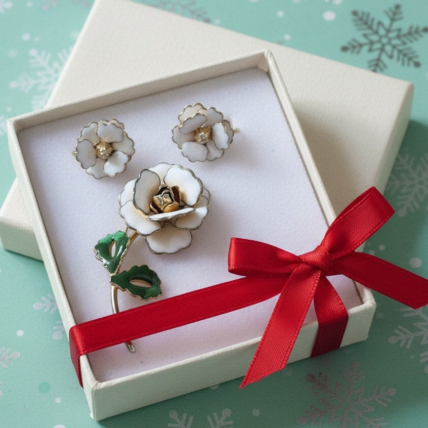 Mid-Century White Enamel Gardenia Flower Brooch & Clip-On Earrings Set
