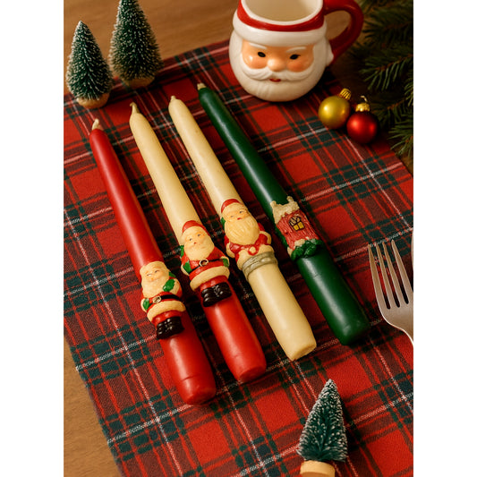 🎅 Vintage Christmas Santa & Holiday House Taper Candles – Set of 4 – Mid-Century Holiday Decor – Red, Green & Ivory