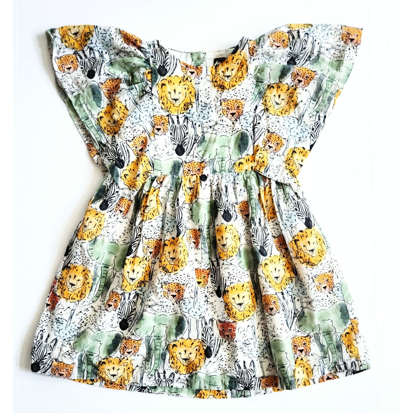 Tea Collection Girls Safari Toile Butterfly Sleeve Twirl Dress – Size 6 – Elephants, Lions, Zebras, Cheetahs Print