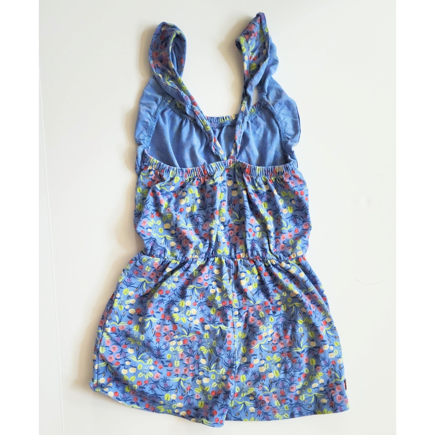 Tea Collection Girls Blue Cotton Floral Ruffle Strap Romper Jumper | Size 5