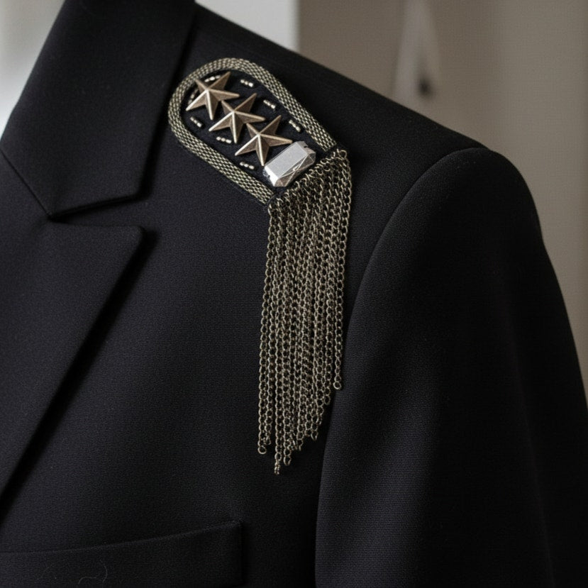 Vintage Boho Rock Epaulette Brooch Set – Gunmetal Chain Fringe Star Pins – Festival Western Statement Accessories